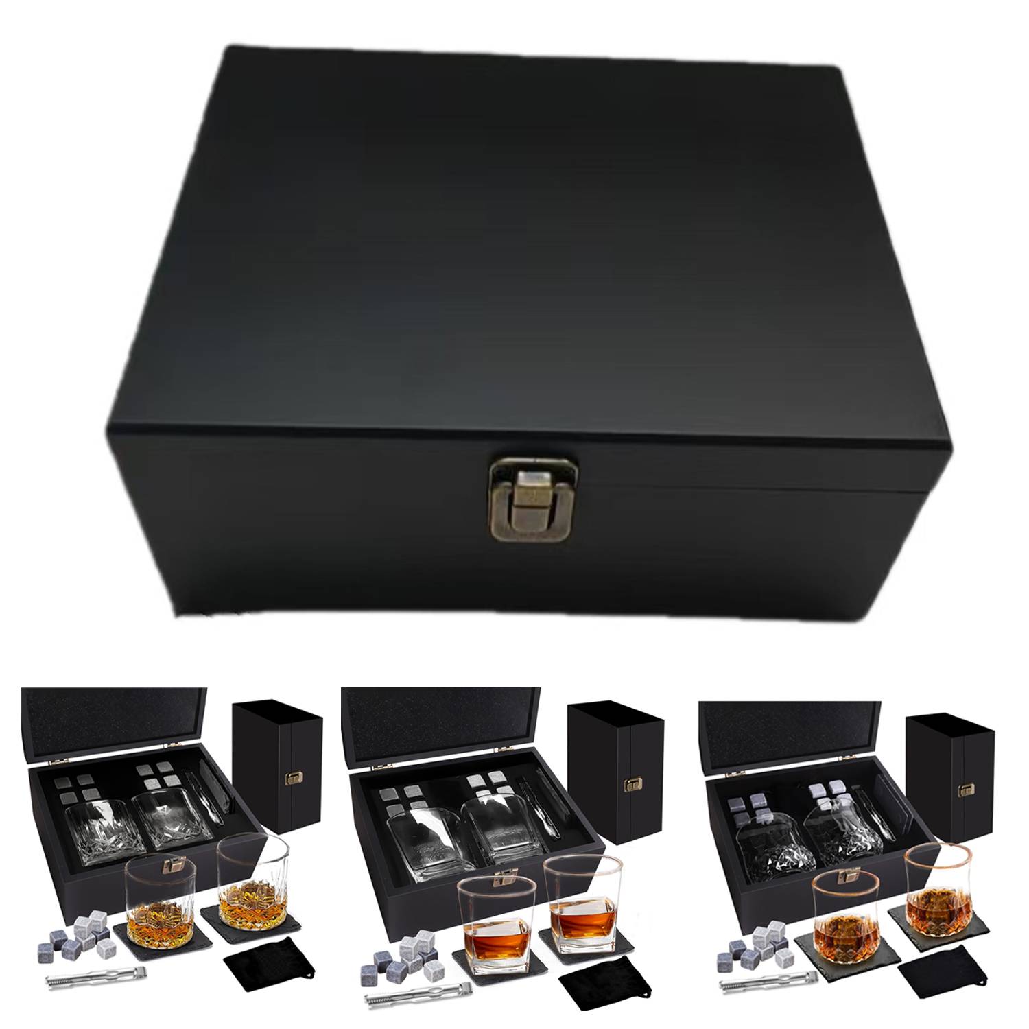 Whiskey Stones Glass Wooden Box Set 7