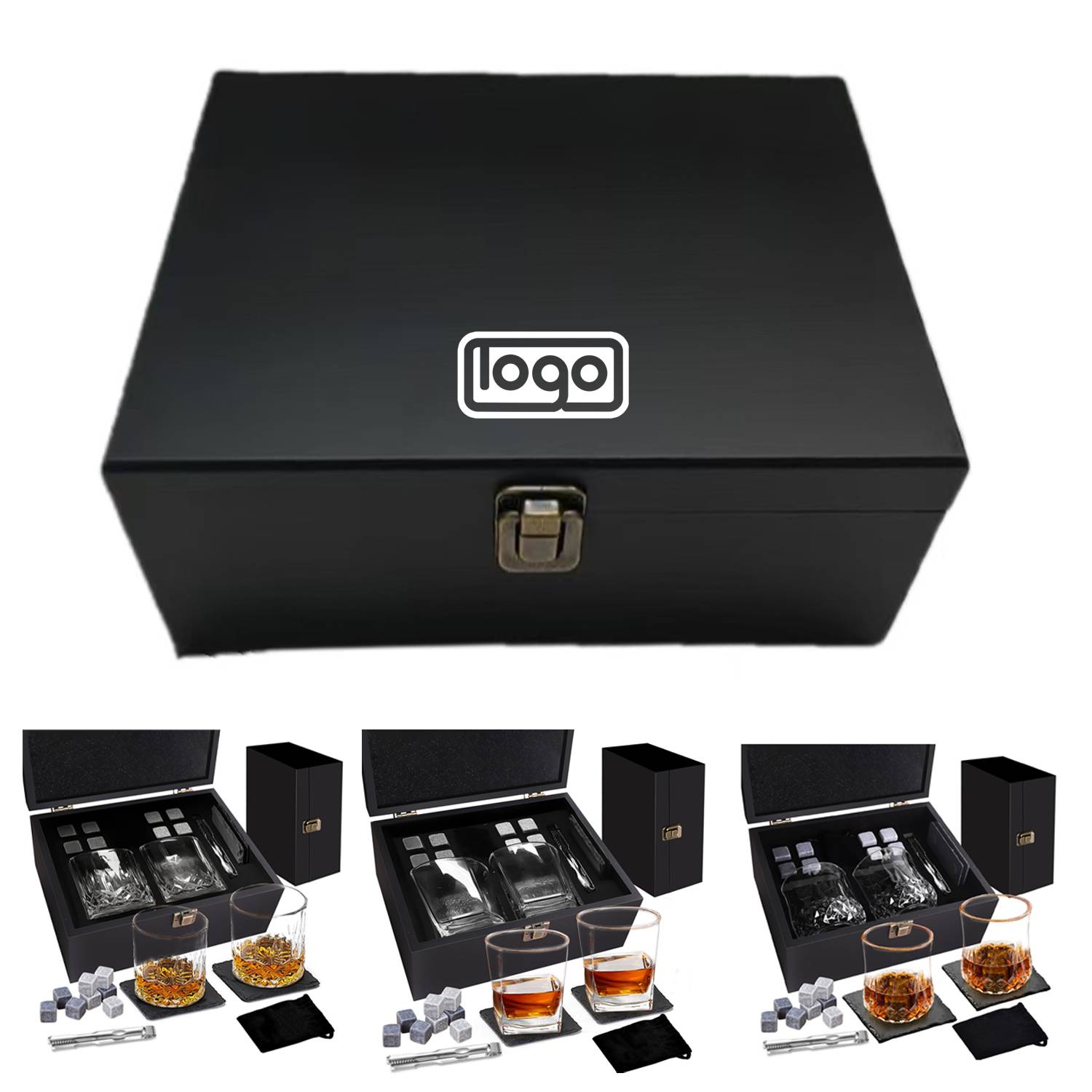 Whiskey Stones Glass Wooden Box Set 5