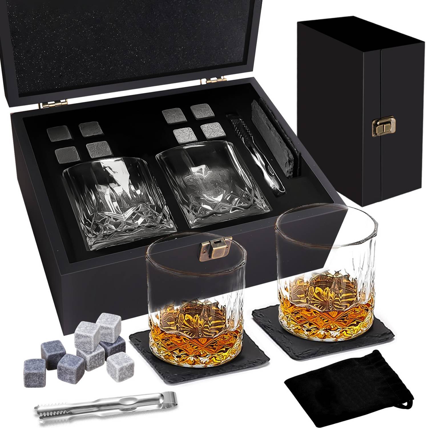 Whiskey Stones Glass Wooden Box Set 9