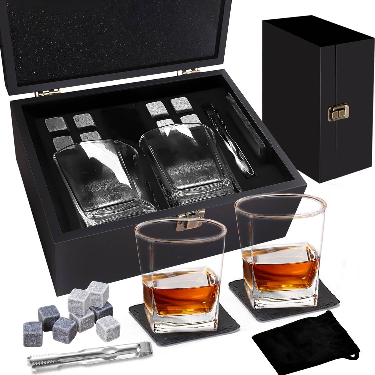 Whiskey Stones Glass Wooden Box Set 8