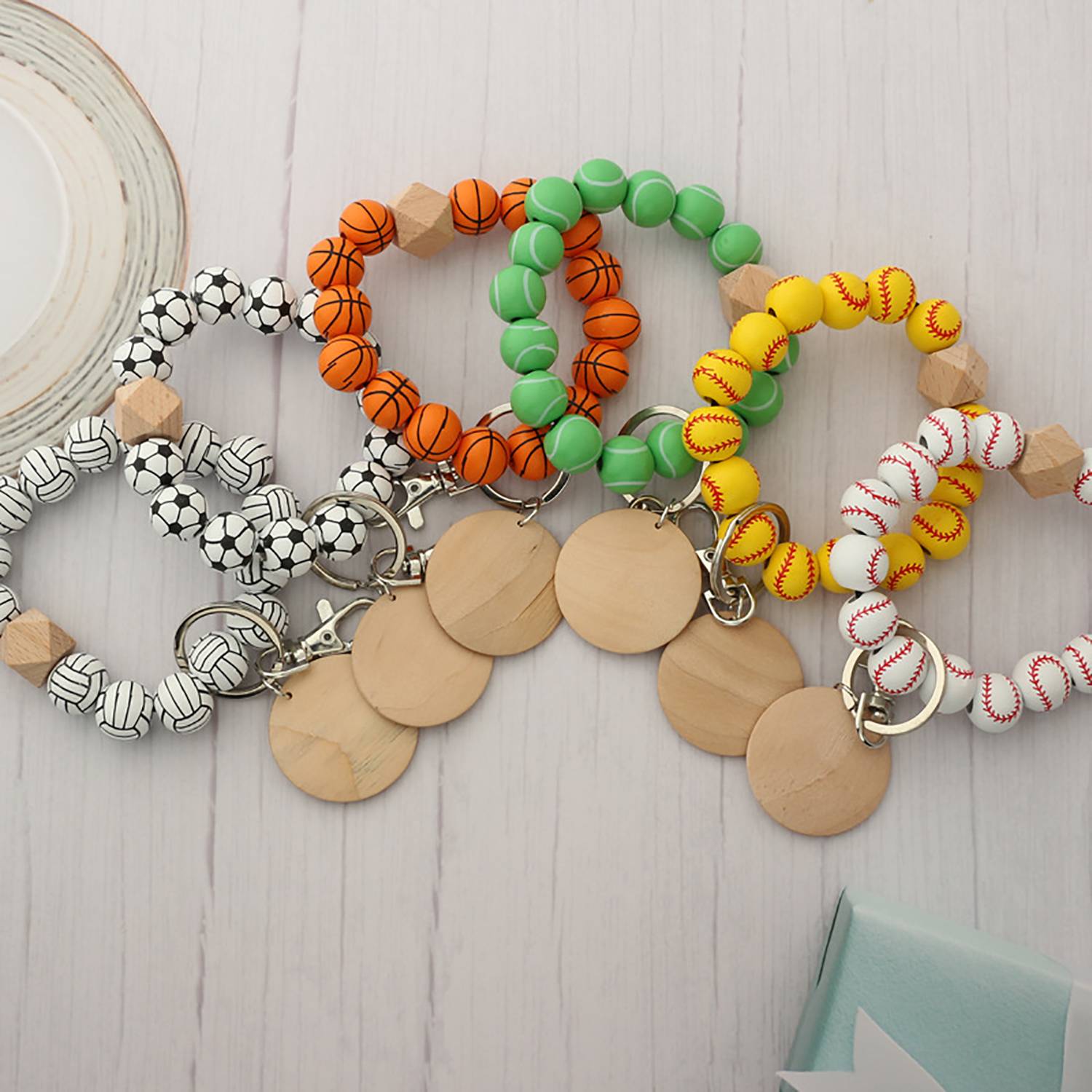 Custom Sports Ball Wooden Bead Bracelet Keychain 6