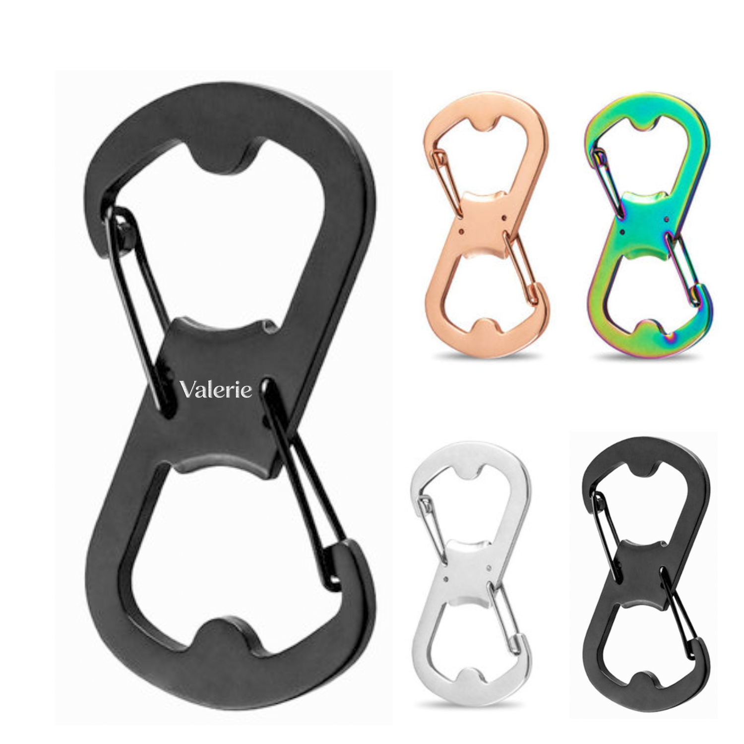 8 Shaped Stainless Steel Carabiners w/Bottle Opener
