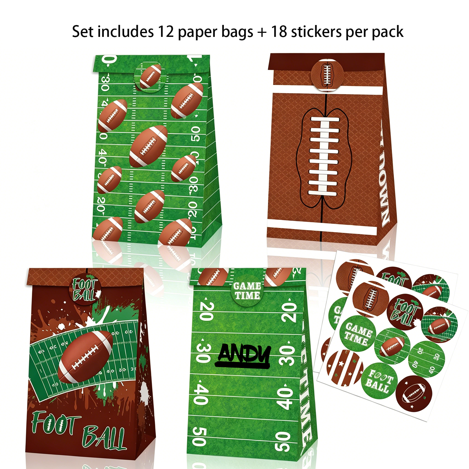 12 Pack Football Kraft Paper Bag with Stickers