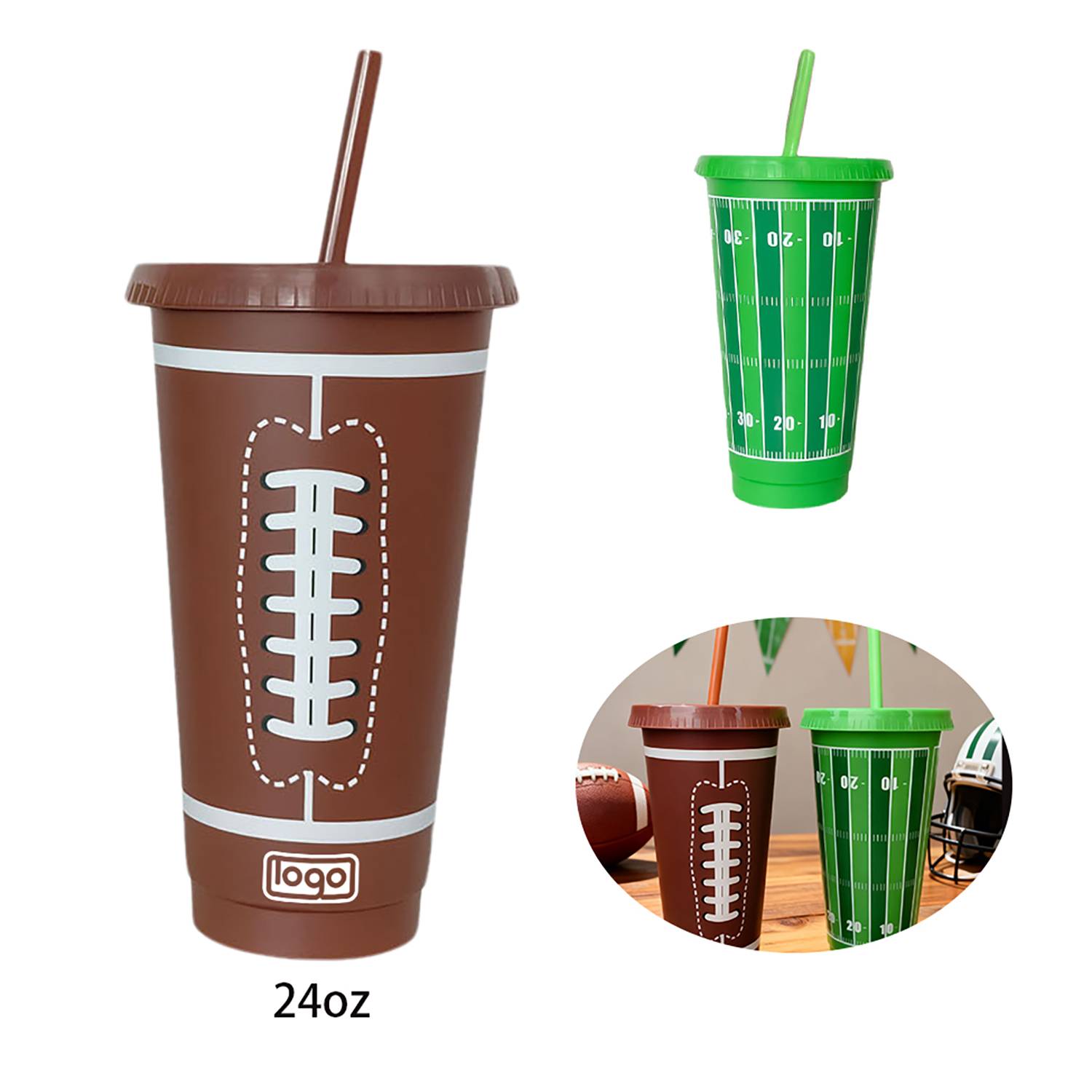 24 oz Plastic Football Tumbler with Straw