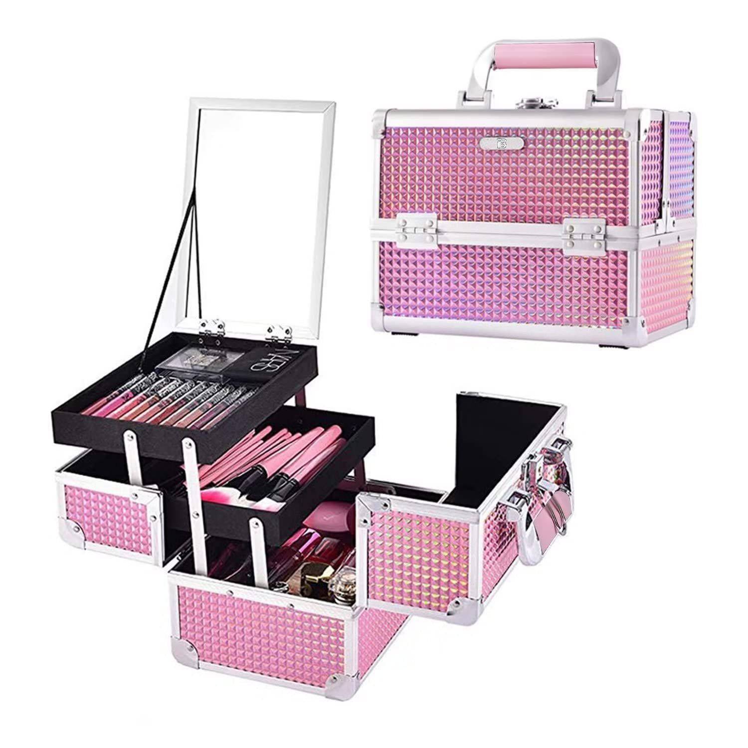 Portable Diamond Patterned Pink Makeup Case With Mirror