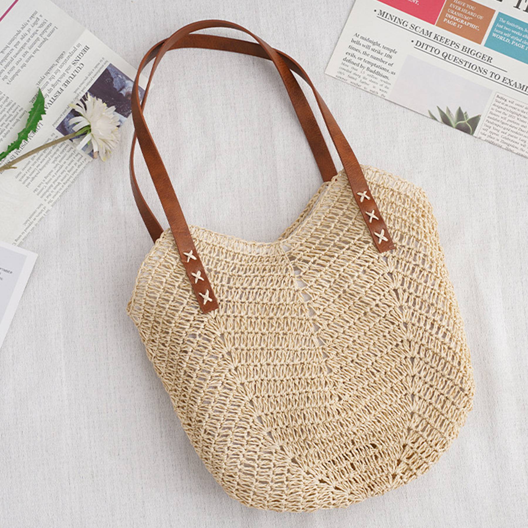 Hand-woven Straw Shoulder Tote Bag For Summer Beach 5