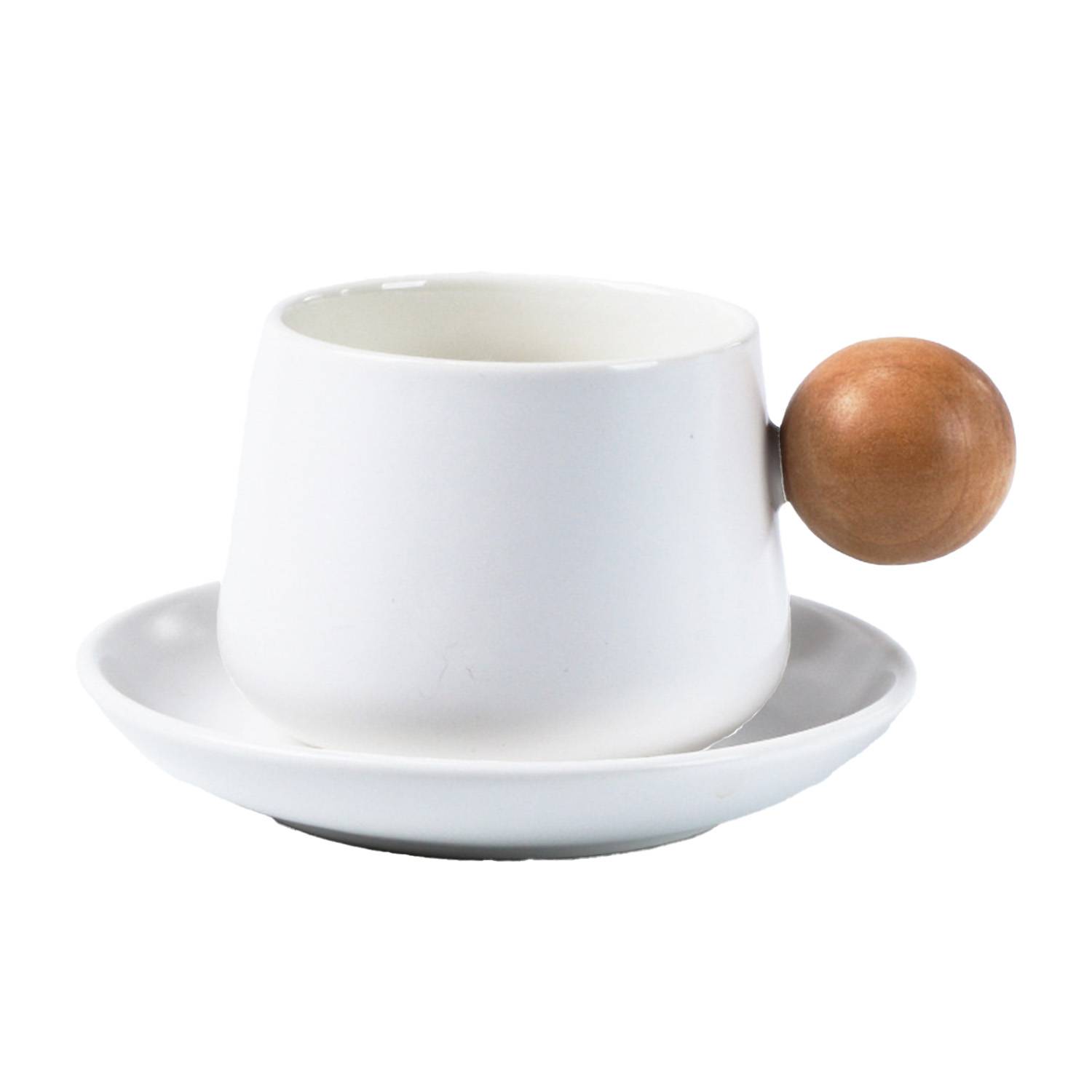 11oz Wooden Handle Ceramic Coffee Cup Saucer Gift Set 4