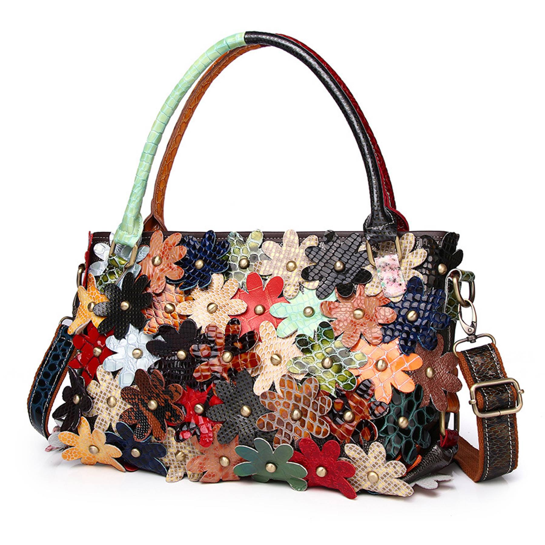 Genuine Leather Serpentine floral coloured stud shoulder bag 2