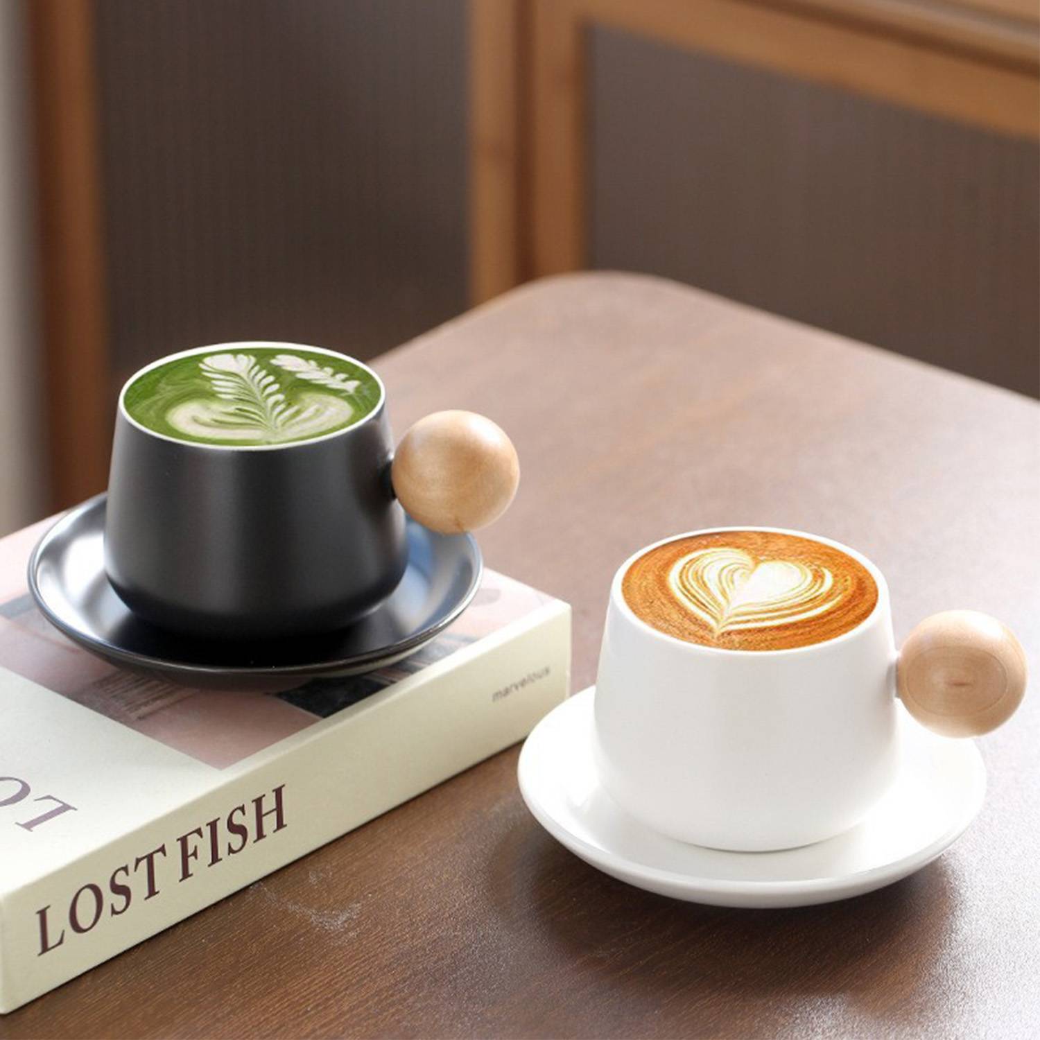 11oz Wooden Handle Ceramic Coffee Cup Saucer Gift Set 6