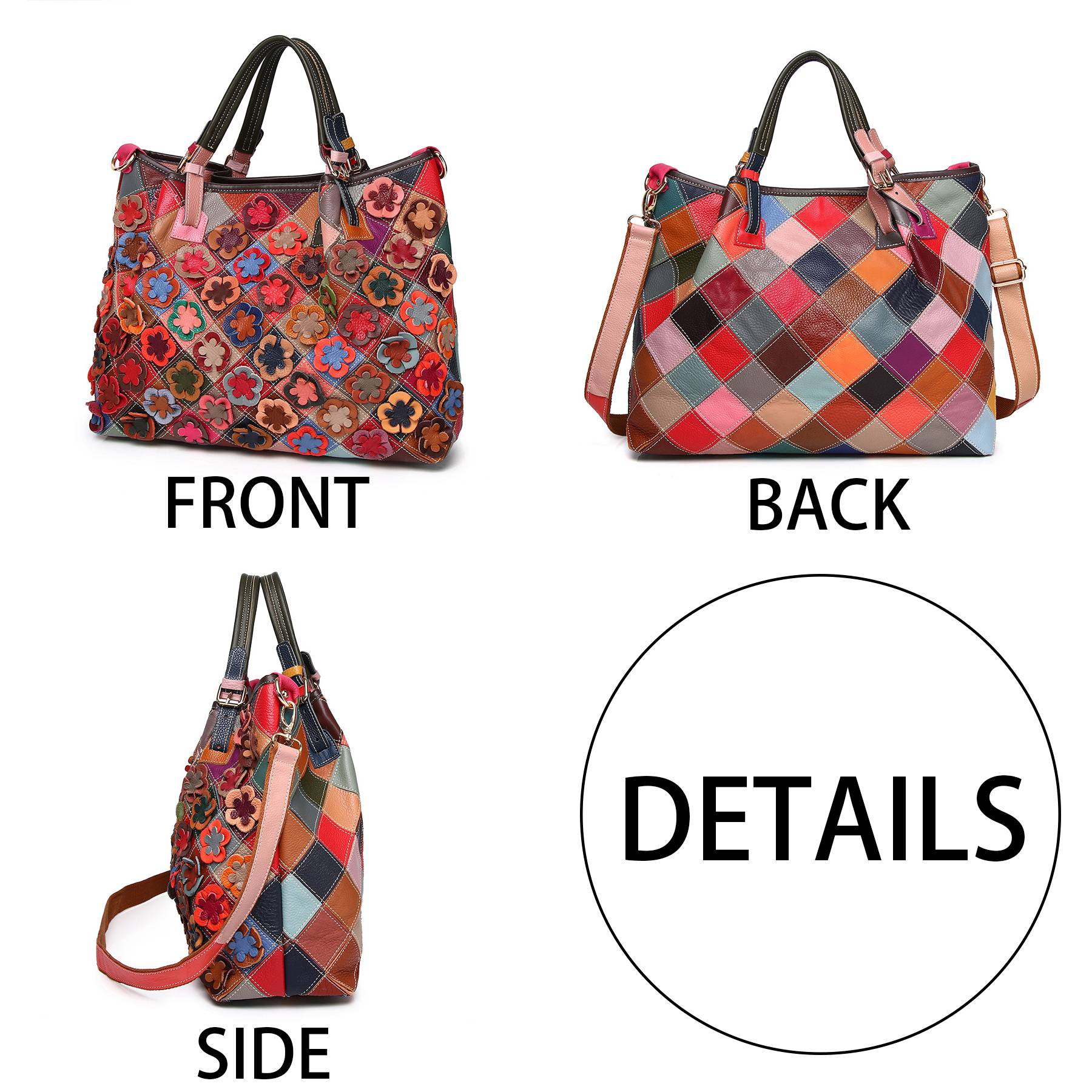 Genuine Leather Colorful flowers hand-paneled plaid tote bag 3