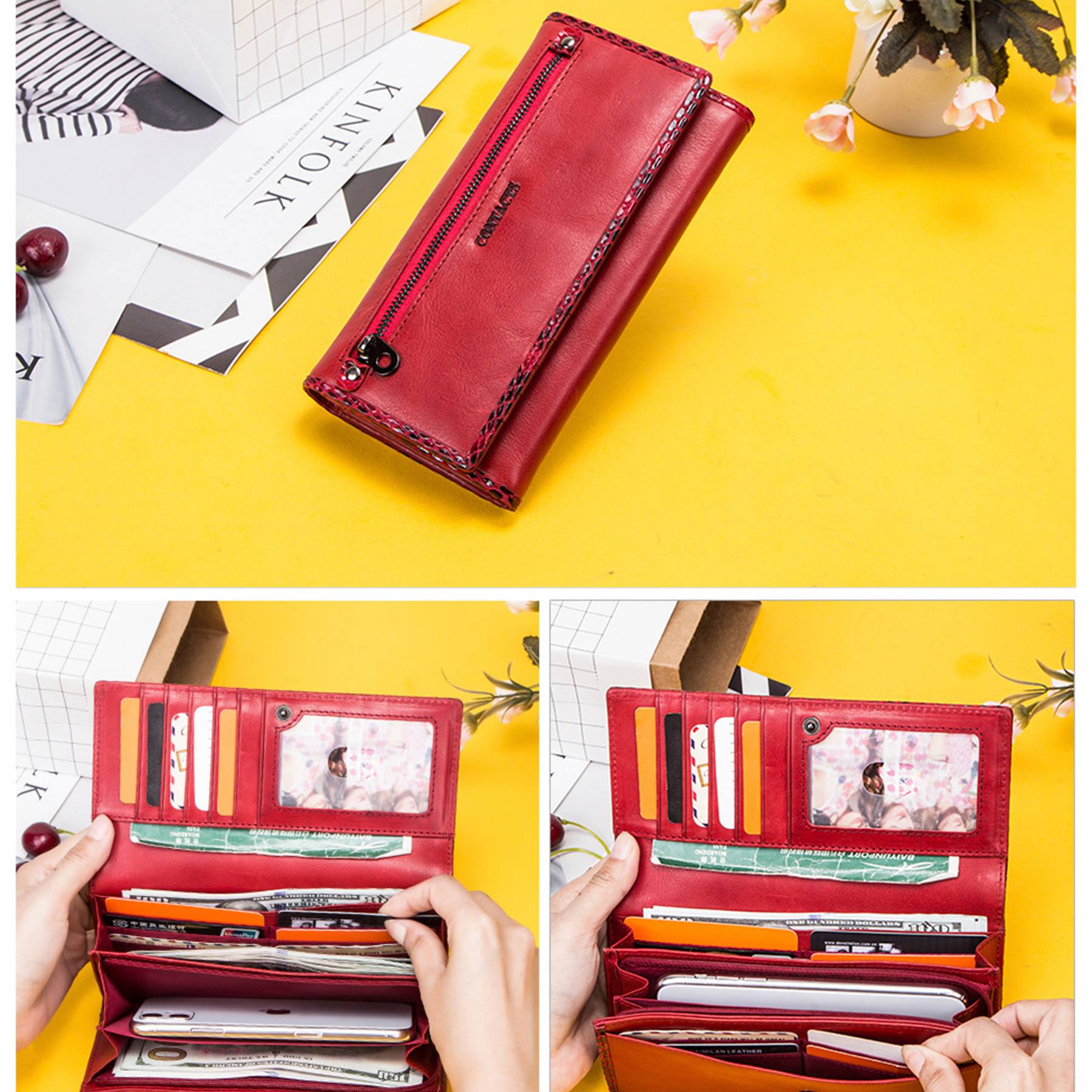 Genuine Leather fold Covered crocodile Waterproof Wallet Red 4