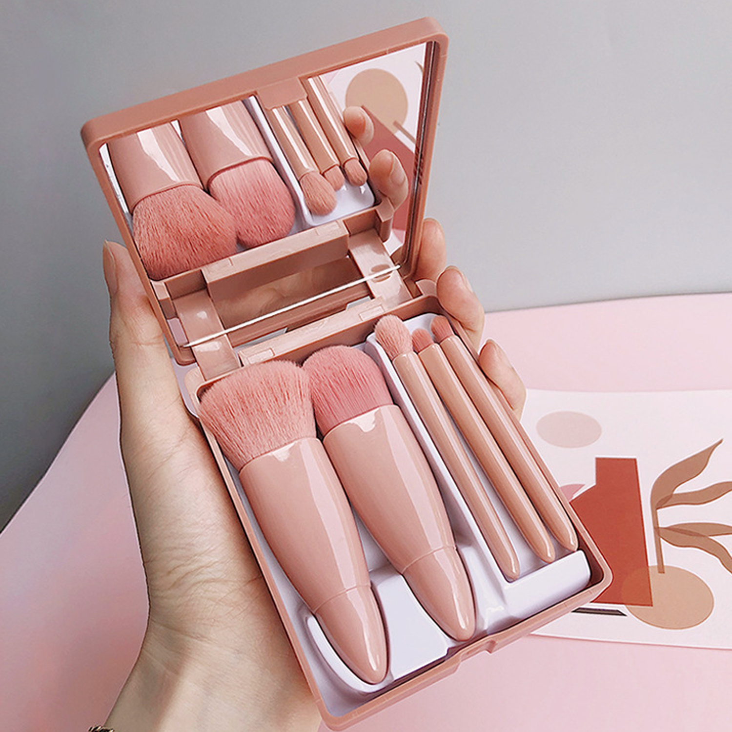 5PCS Portable Travel Makeup Brush Set w/ Mirror 3