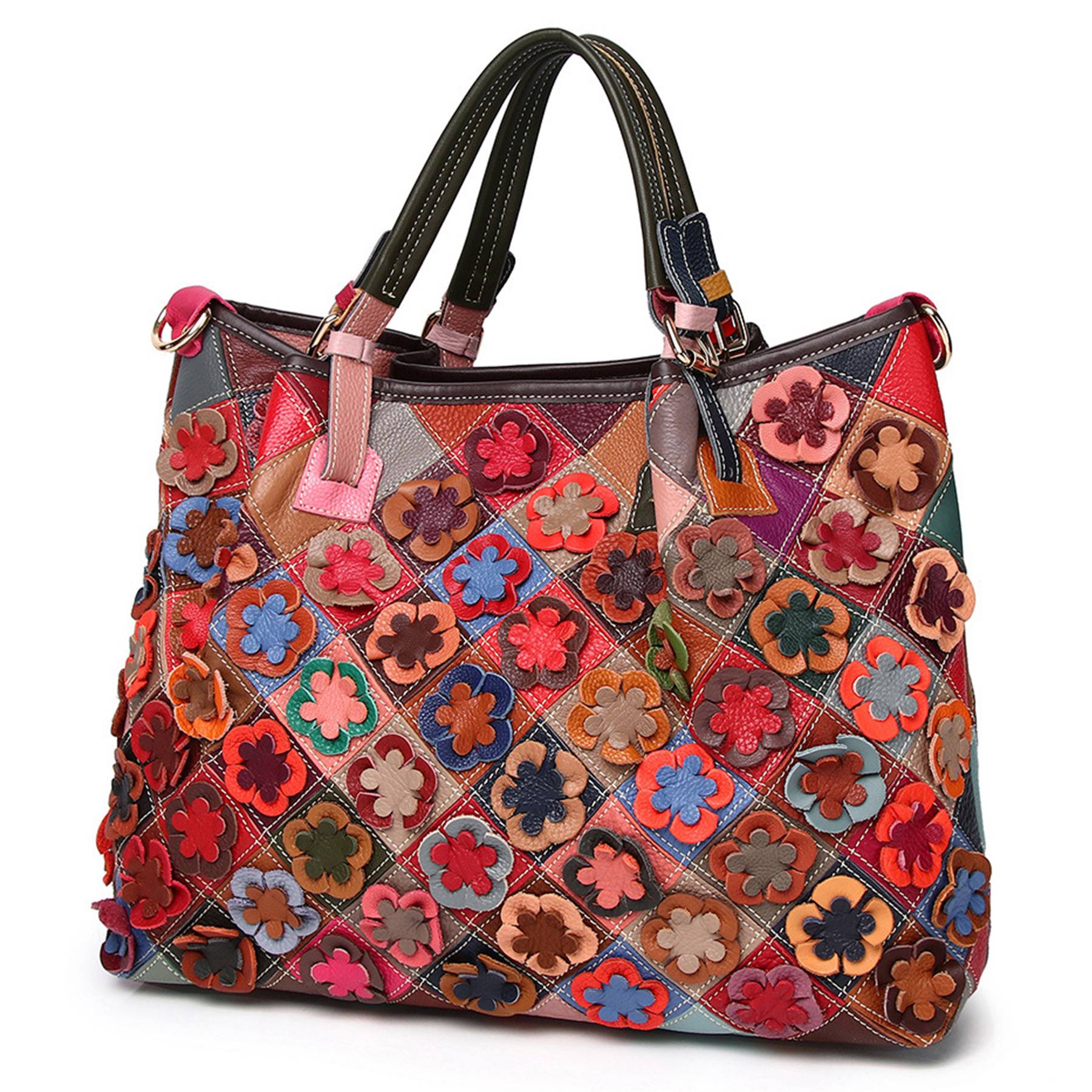 Genuine Leather Colorful flowers hand-paneled plaid tote bag 1