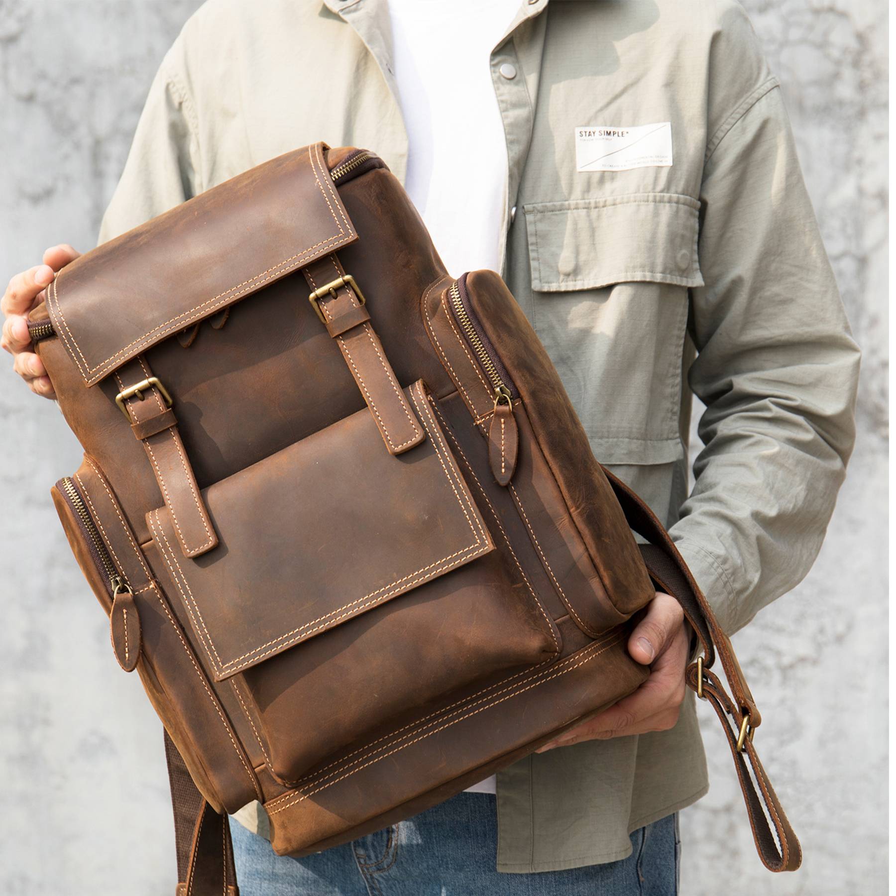 Genuine Leather Crazy Horse Skin Anti-Theft Laptop Backpack 2