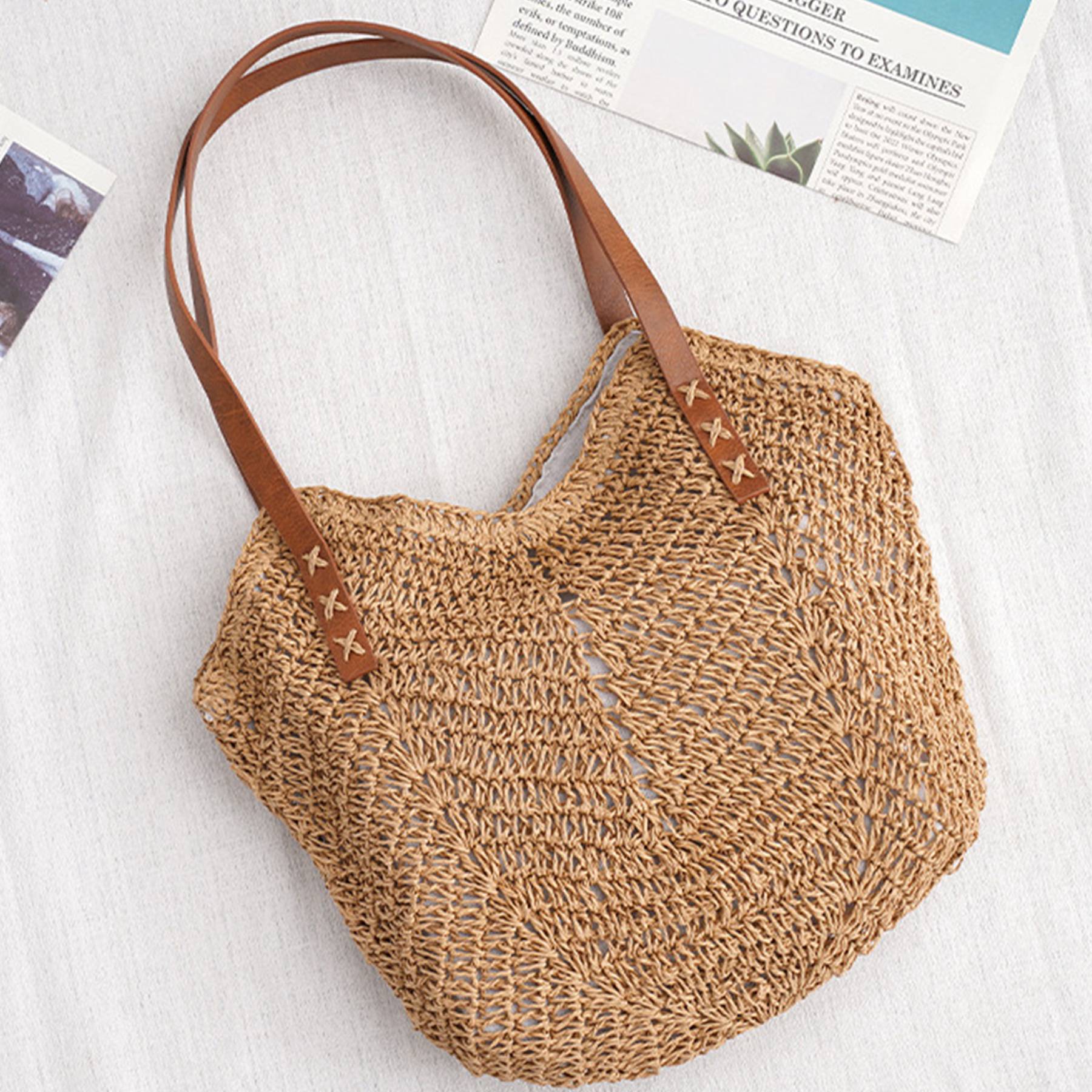 Hand-woven Straw Shoulder Tote Bag For Summer Beach 4