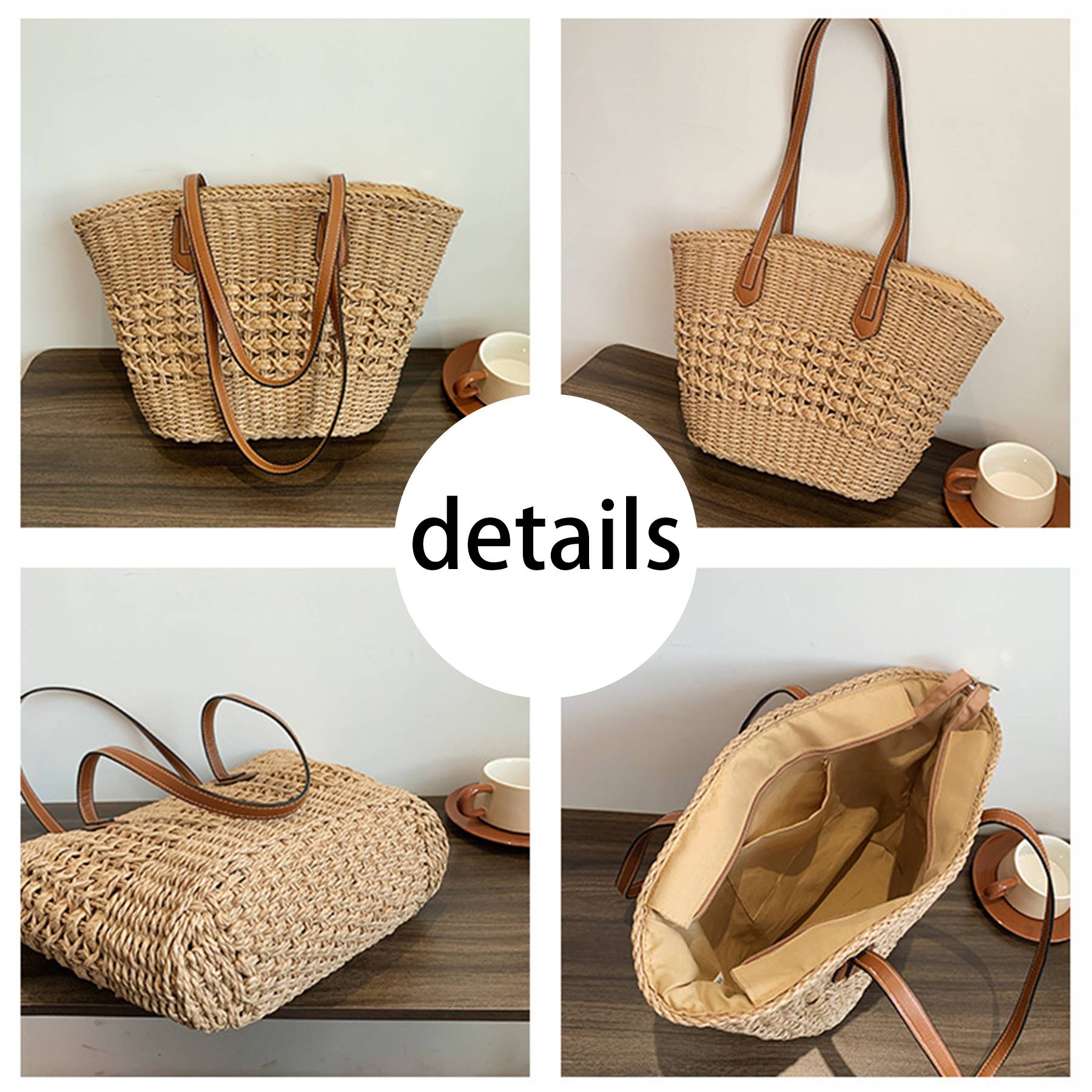 Straw Summer Large Shoulder Tote Beach Bag 6