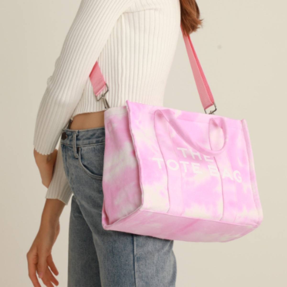 Dyed And Printed Canvas Tote Bag With Zipper Pocket 2