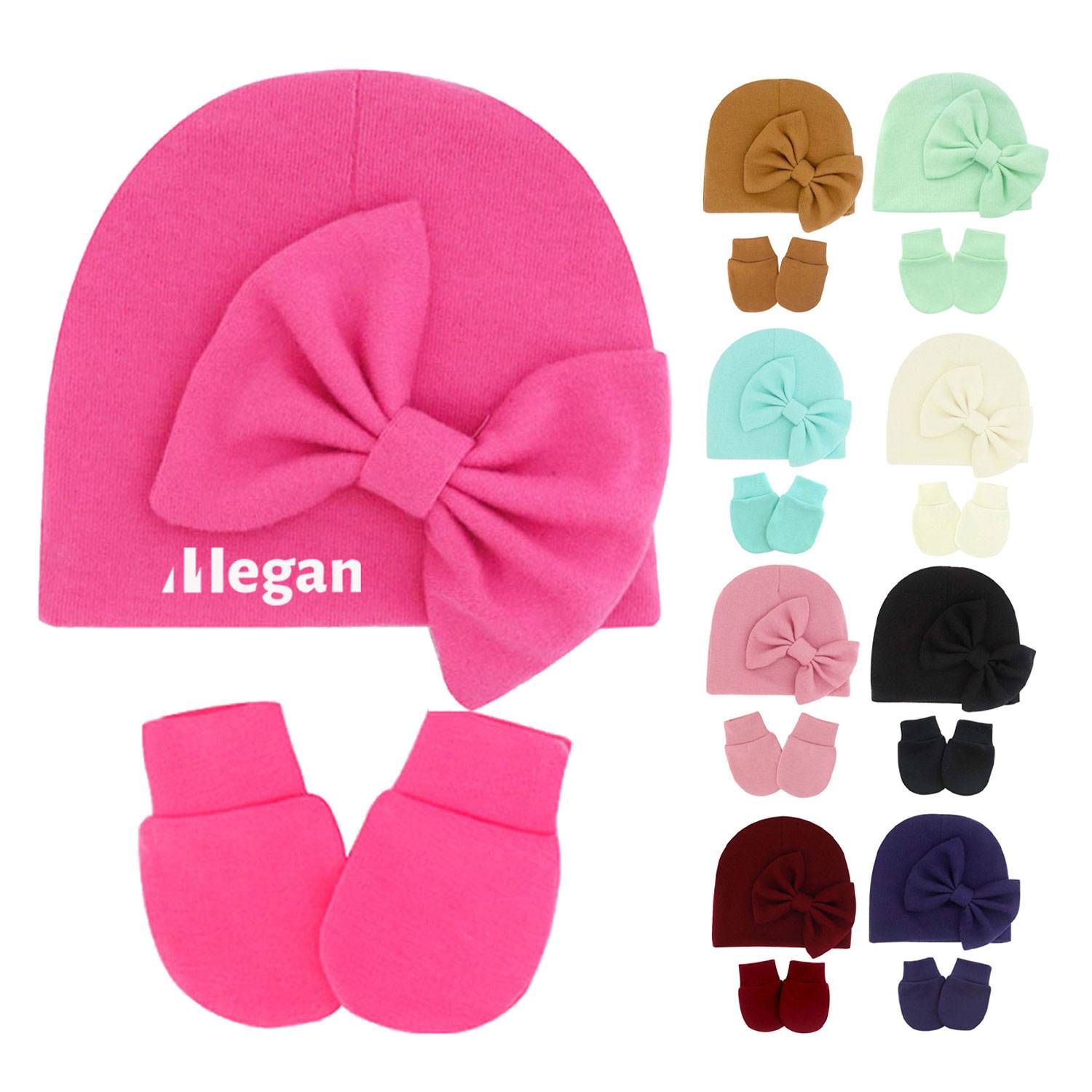 0-6 Months Solid Color Anti Scratch Gloves Bow Baby Hat