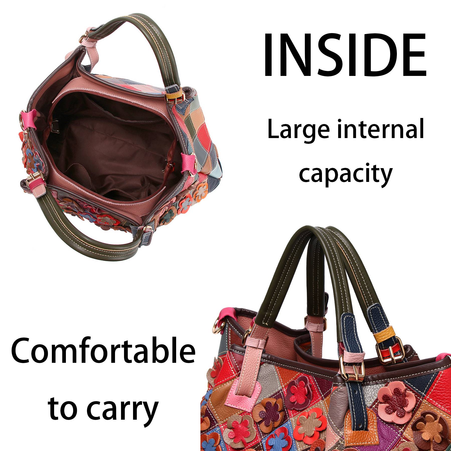 Genuine Leather Colorful flowers hand-paneled plaid tote bag 4