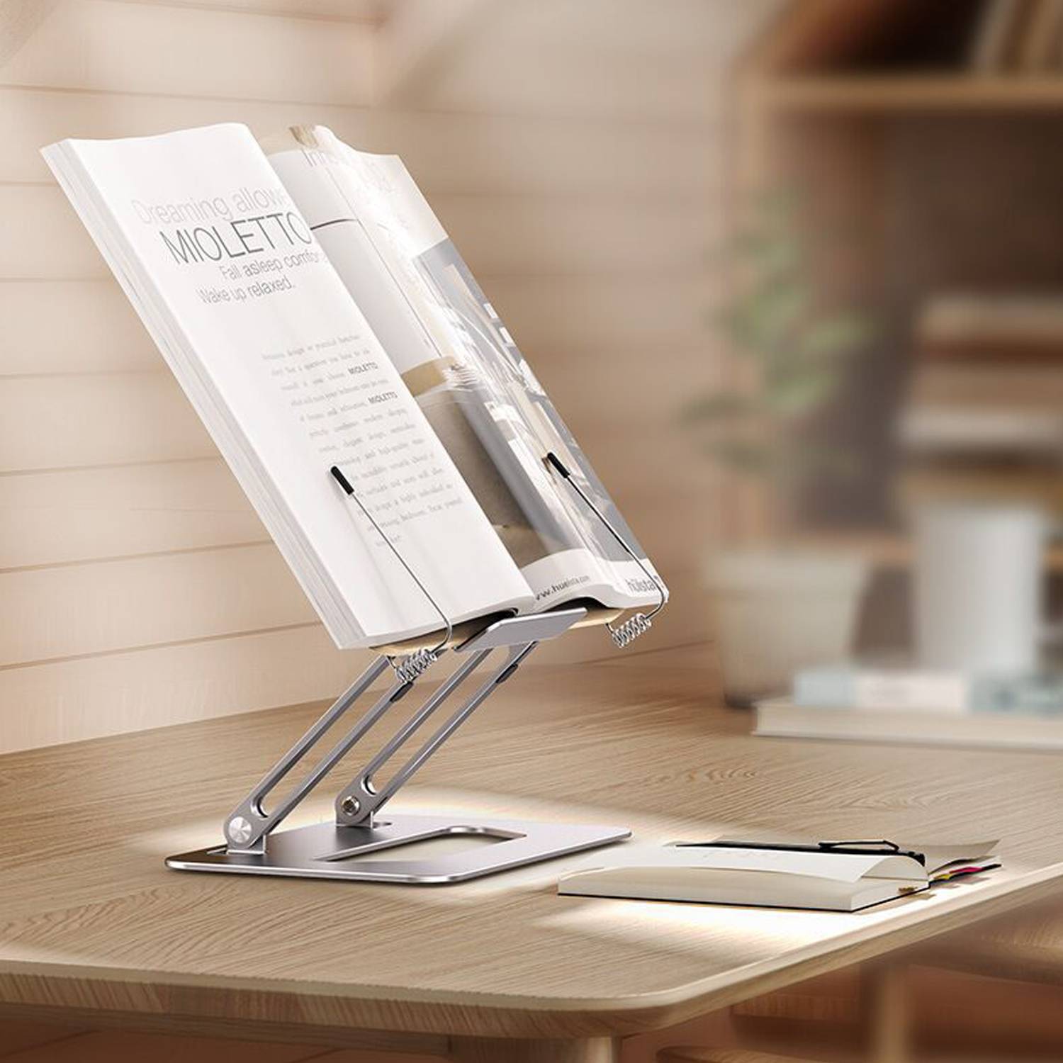Adjustable wooden book stand with elastic page clips 7